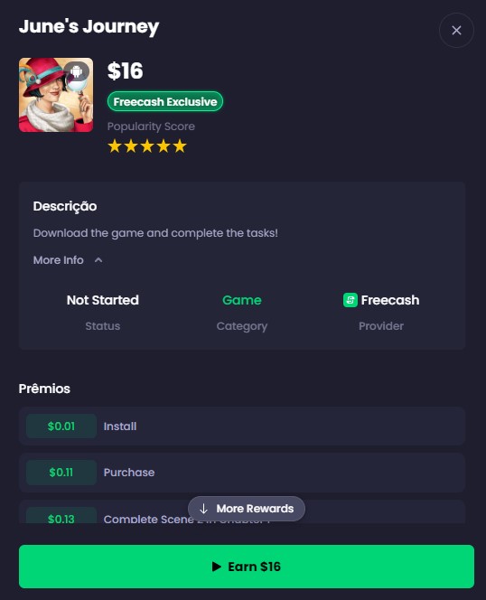 freecash - Processo de completar uma oferta - efetuar download de jogo e completar as tarefas