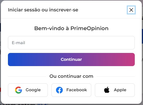 prime opinion - registo e login com google facebook apple ou email