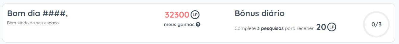 survey lama - espaço pessoal com informação sobre ganhos totais e bonus diarios