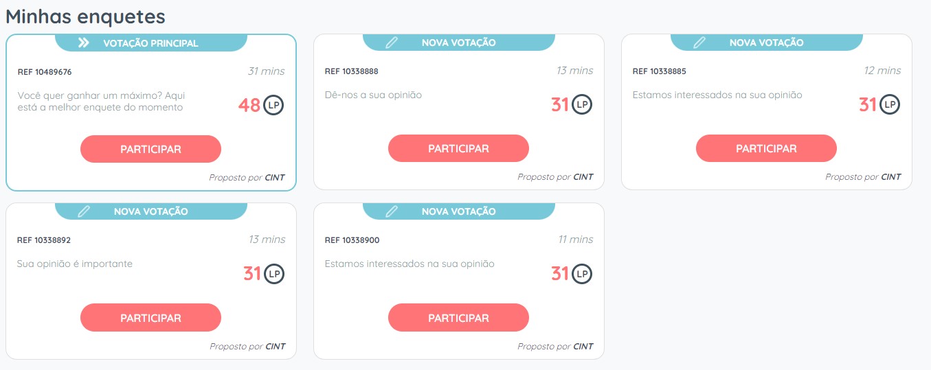 survey lama - painel com o inqueritos disponíveis